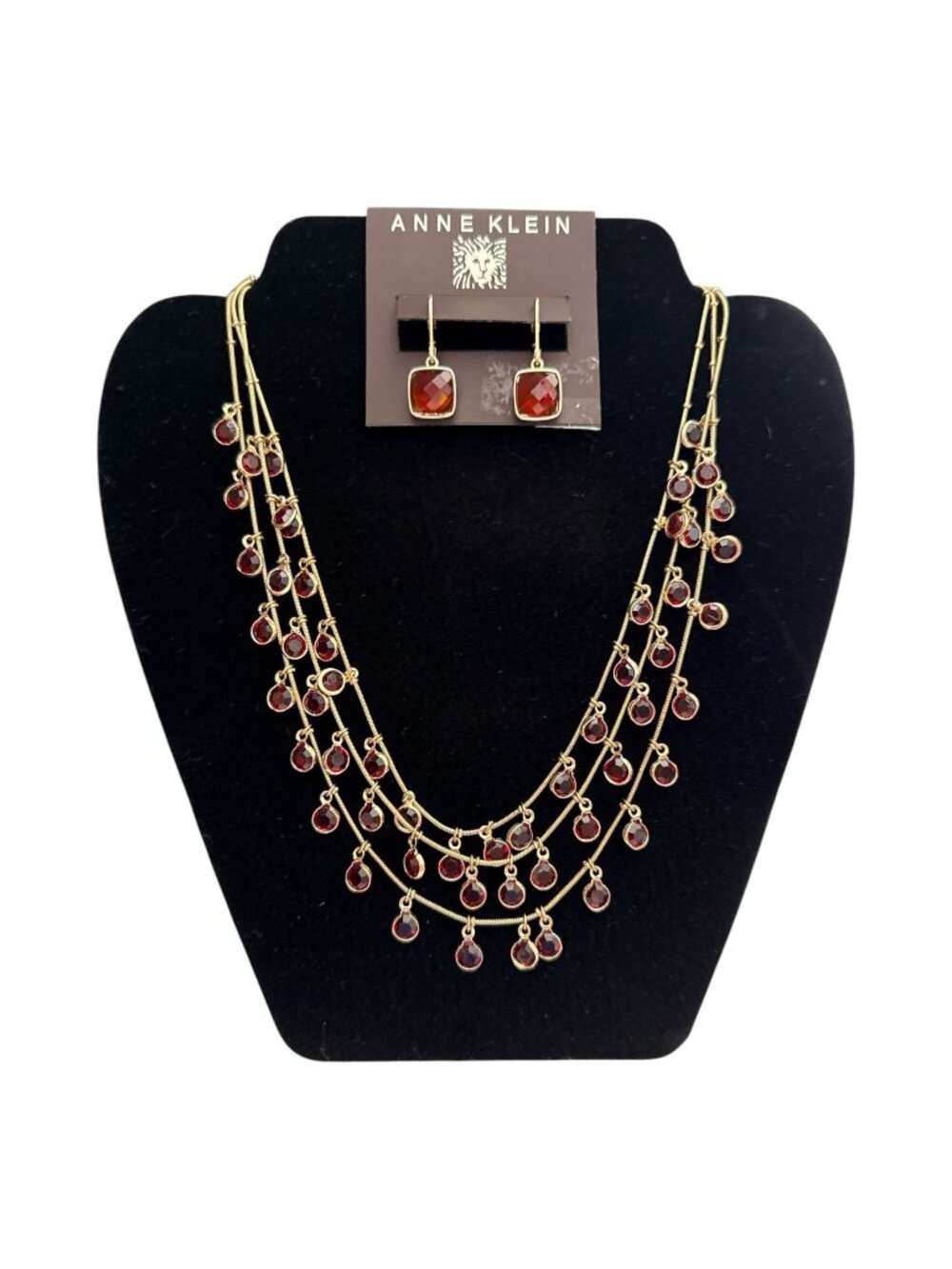 Anne Klein Gold-Tone Amber Crystal Dangle Necklace & Matching Leverback Earrings